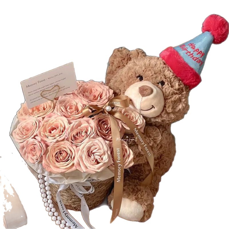 Oso de peluche con flores eternas para regalo de Año Nuevo, oso de peluche con ramo de flores para regalo de cumpleaños para amigas