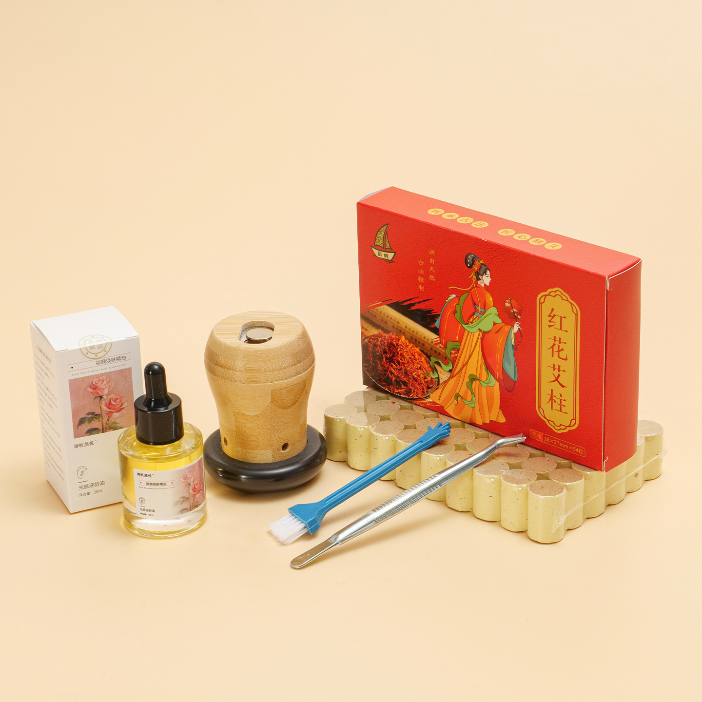 Facial Moxa Mushroom Set Bian Stone Warm Moxibustion Jar with 54 Safflower Moxa Cones Rose Oil Brush Tweezers overview