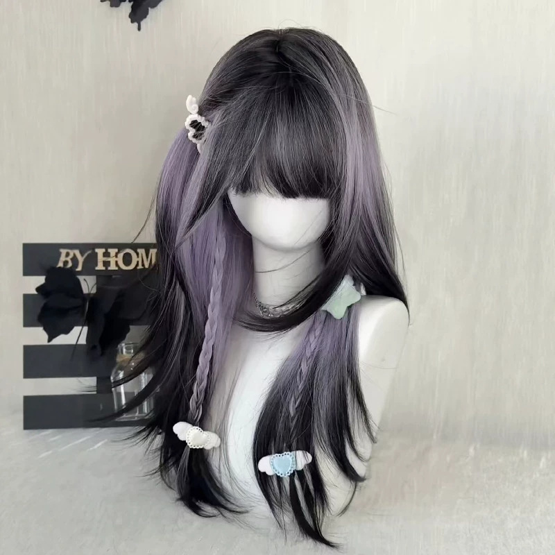 Full wig for women, purple-black gradient color, layered style, long straight hair with bangs, realistic and comfortable, complete wig