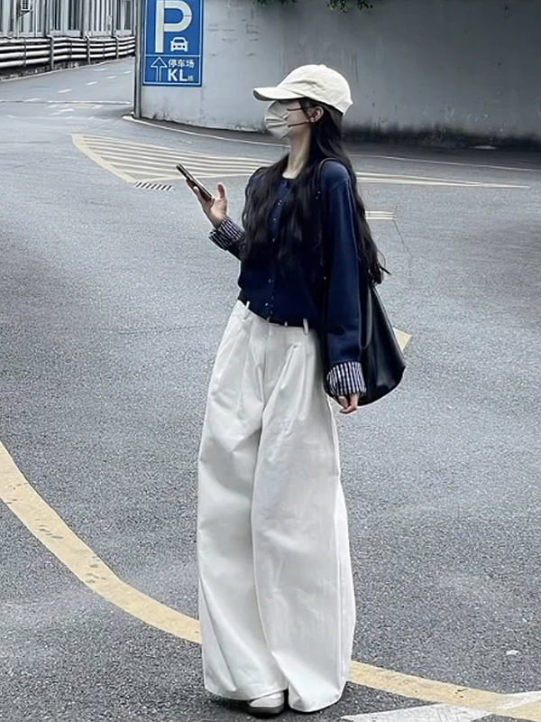 白色复古肌理纹高腰阔腿牛仔裤女秋冬新款宽松显瘦百搭直筒拖地裤|undefined