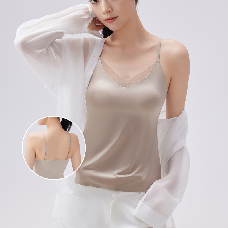 Satin Silk Lace V-Neck Camisole with Built-In Bra Pads, Beautiful Back Design, Can Be Worn as a Base Layer or Outerwear