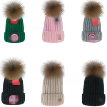 外贸爆款户外保暖帽针织帽毛线帽冷帽粗纹真毛球贴标logo现货批发