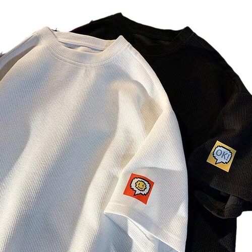 Waffle short-sleeved T-shirt men's summer large size T-shirt, wear-resistant trendy top with half sleeves oversize