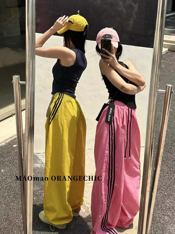 High Street Striped Casual Sweatpants for Women, Summer American Style Quick-Dry Design, Three-Stripe Casual Straight Wide-Leg Pants