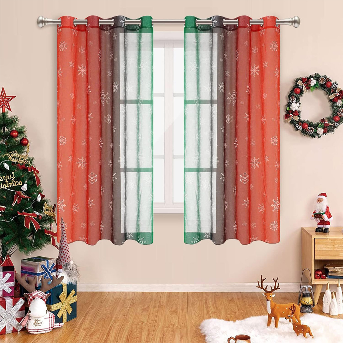 Transfronterizos nuevos copo de nieve de color navideño perforación pantalla de ventana de impresión digital de cortinas TEMU