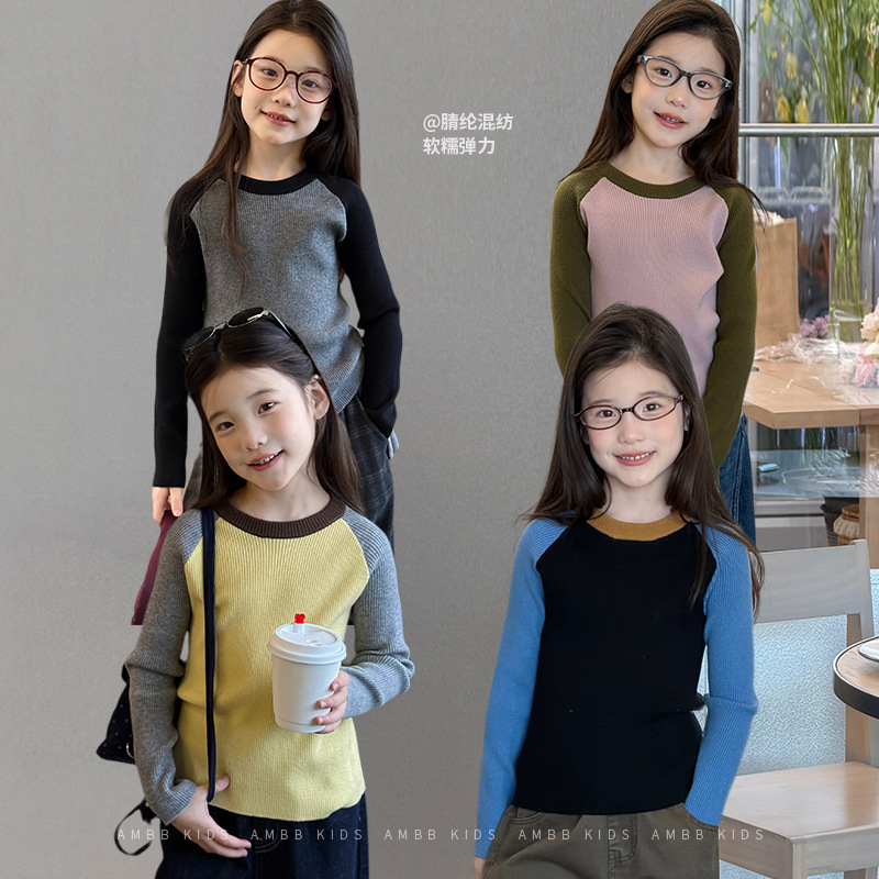 Aimobebe Korean-style girls' color-blocked raglan knit undershirt, elastic ribbed slim-fit inner sweater for older children