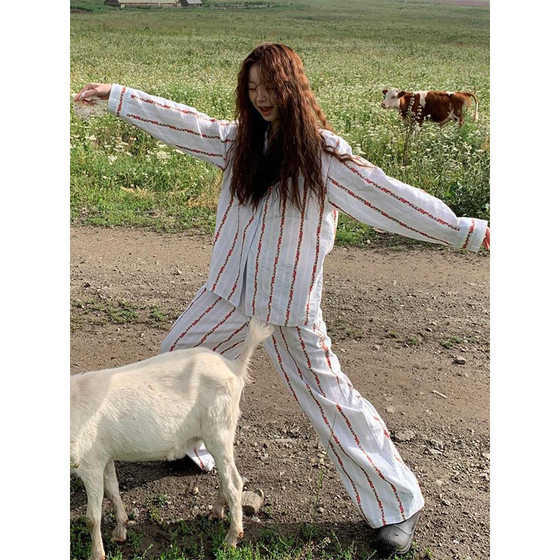 Korean Style Women's Floral Striped Long-sleeved Pajamas Women's Spring and Autumn High-end plus size Trousers Home Clothes Pure Cotton suit