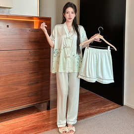 夏季睡衣女冰丝高级感短袖（短）长裤三件套休闲套装家居服可外穿
