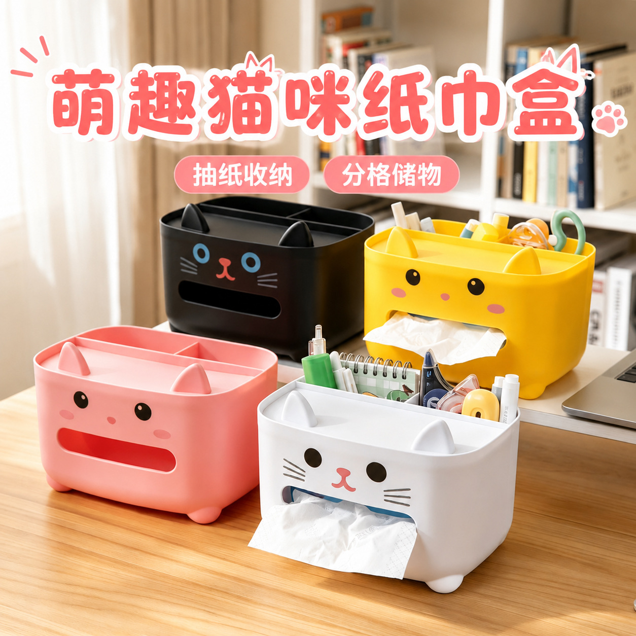 Desktop tissue box with high aesthetic value, cat-shaped, multifunctional, creative tissue storage box with side-out dispensing feature