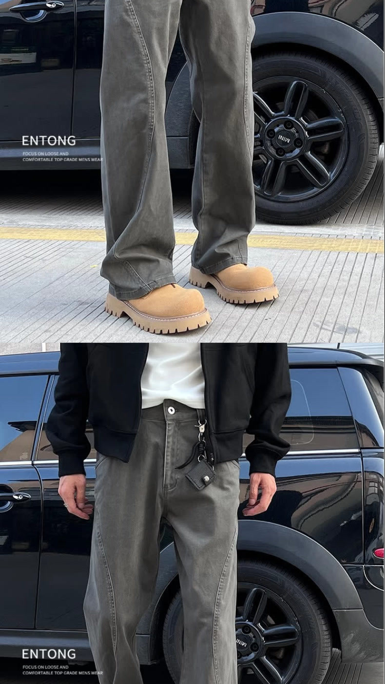 Men's Trendy High Street Distressed Patchwork Cargo Pants American Street Style Loose Straight Leg Casual Trousers_mkmklike.com