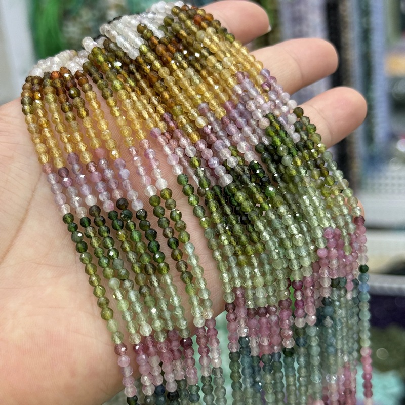 天然彩虹色碧玺散珠 水晶渐变色刻面足球面半成品diy手工饰品材料