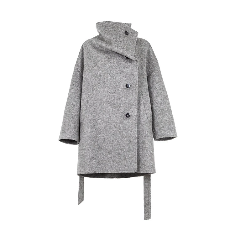Зимняя лента ZHANG Loose High Neck Wind Lace-up Waist Double-Side Wool Wool Coat Women's A49057-1