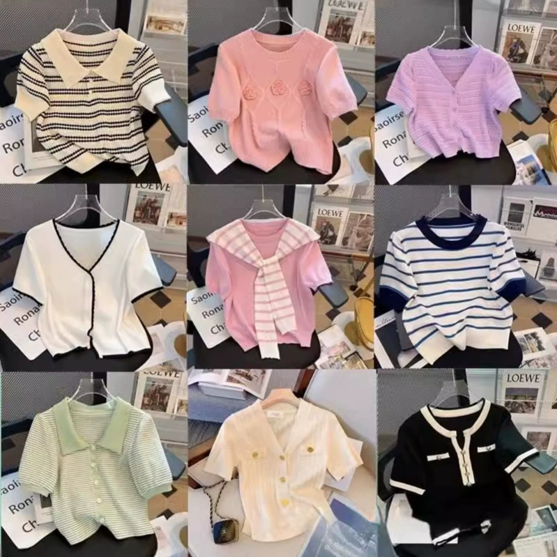 夏季女装针织短袖T恤外贸厂家夜市地摊货源批发直播小香款针织衫