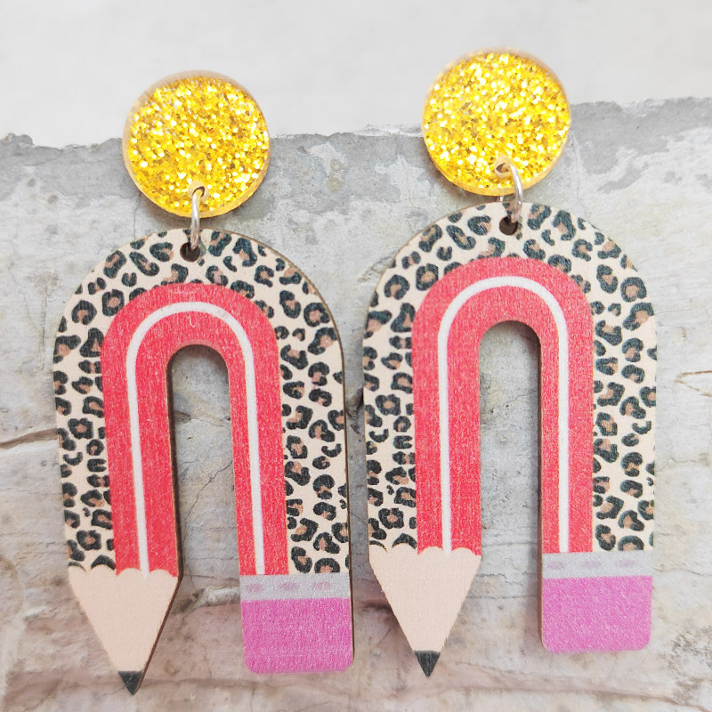 1 Pair Novelty Simple Style Rainbow Leopard Pencil Printing Arylic Wood Drop Earrings display picture 3