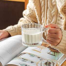 抖音ins有盖带把玻璃杯高颜值咖啡杯高级水杯家用条纹把手杯勺子