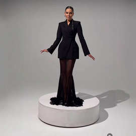 2025秋装新品法式气质名媛风西装修身网纱透视礼服三件套装连衣裙