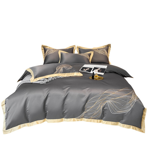 2024 new solid color embroidery European palace style four-piece set of cotton bed sheets four-piece set of washed silk pure cotton gift