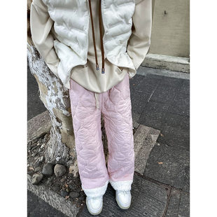Heavy Winter Cotton Waterproof Stitching Lamb Fleece Cotton Pants for Men and Women Solid Color Rhombic Embroidered Cotton Warm Pants