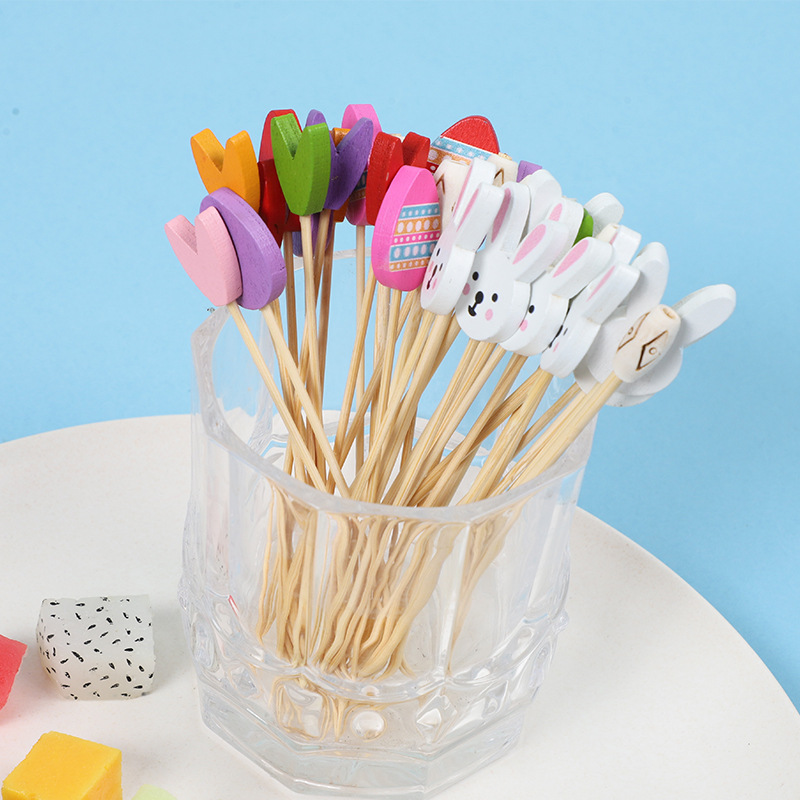 100 piezas/paquete de palos de cóctel, líneas de colores, personalidad creativa, palos de bambú tallados en troncos, palos de frutas desechables