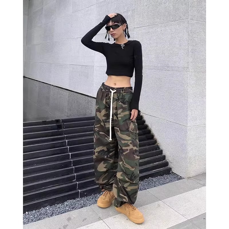 美式高街復古hiphop嘻哈迷彩工裝褲顯瘦褲子女束腳休閒褲ins潮牌