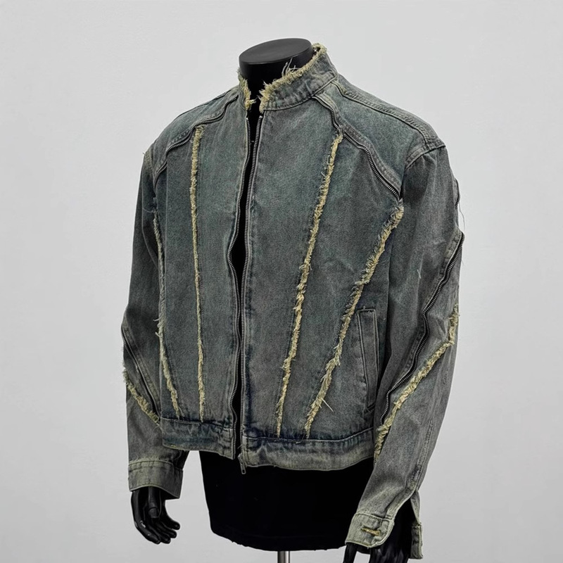 American Retro Deconstructed Fringe Fashion Denim Jacket Men's Street Zipper Vertical Collar Motorcycle Jacket Short Tassel