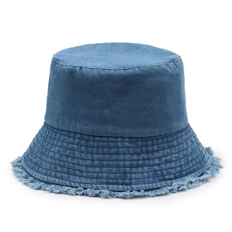 Cappello da pescatore in denim lavato semplice e versatile con bordo sfilacciato e parasole vintage_voghion.com