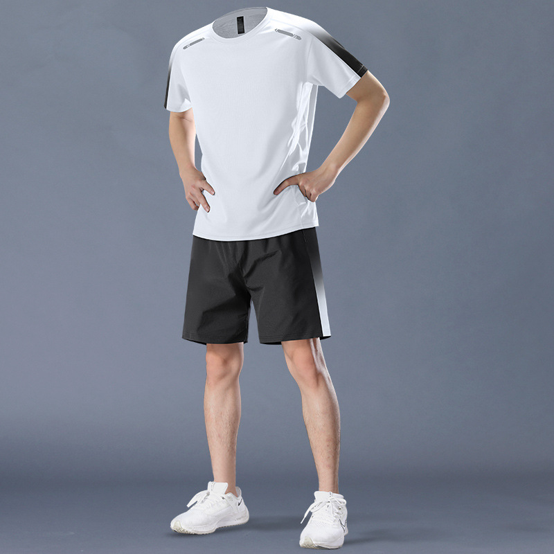 スポーツスーツメンズ速乾性夏ランニング半袖フィットネス服アイスシルク Tシャツショーツバドミントントレーニング服|undefined