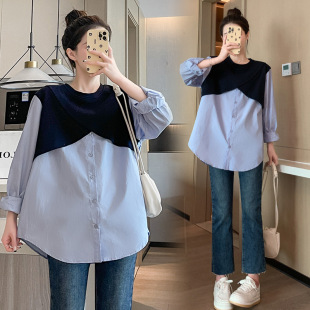 Real Shot in Stock 2023 Early Autumn Spliced ​​Shirt Maternity Shirt Slimming Look Mid-Length