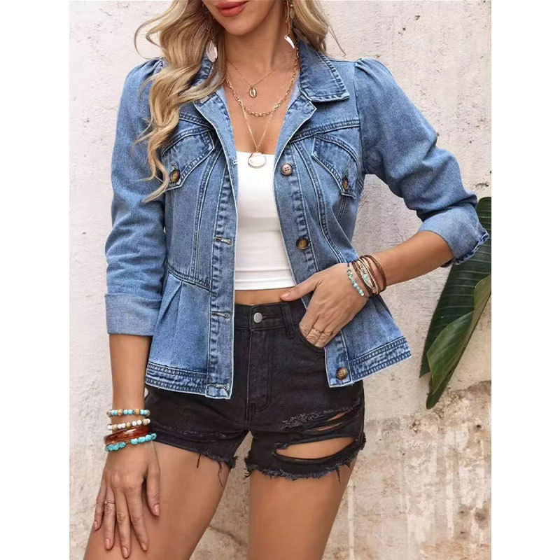 Light blue waist-cinching ruffle denim jacket for women, with a turn-down collar, single-breasted buttons, puff sleeves, slimming and vintage short style Light blue waist-cinching ruffle denim jacket for women, with a turn-down collar, single-breasted buttons, puff sleeves, slimming and vintage short style