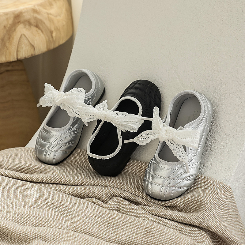 2025 Autumn Girls' Leather Shoes Little Girls Sweet Bow Princess Shoes Korean Style Western Style Easiest for Match Girls' Ballet Shoes