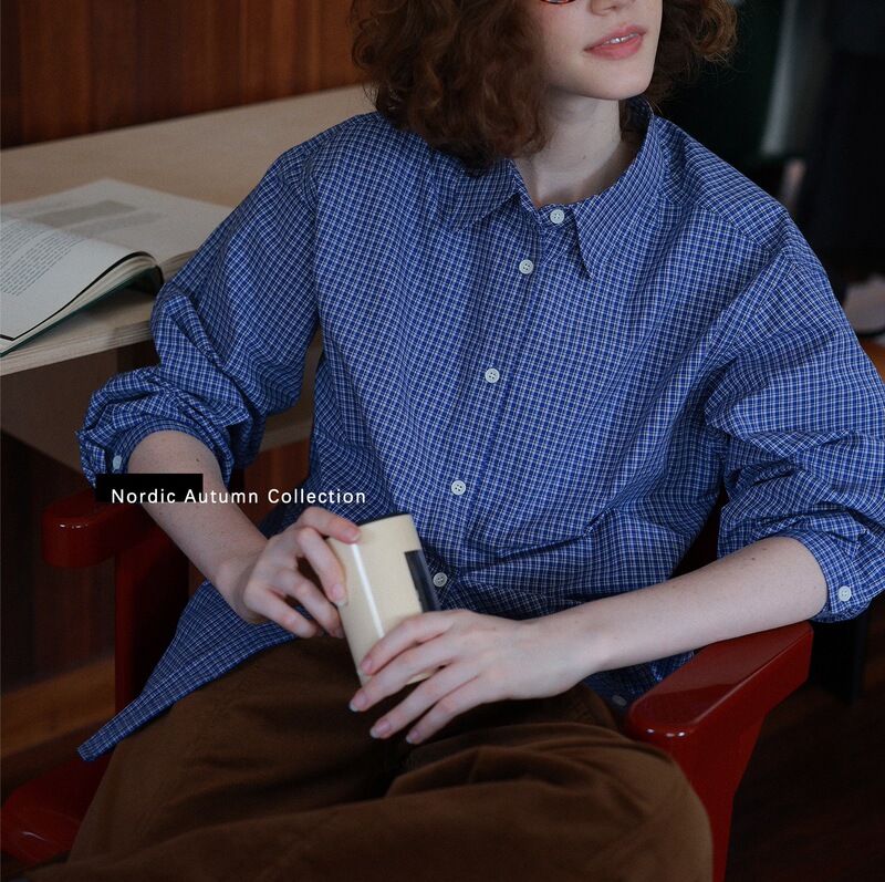 Miu Series' Plaid Classic French Retro Two-Color Blue Plaid Simple Spring & Fall Long-Sleeved Shirt