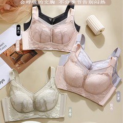 无磁内衣女大胸显小薄款舒适蕾丝内衣女聚拢上托防下垂调整型文胸