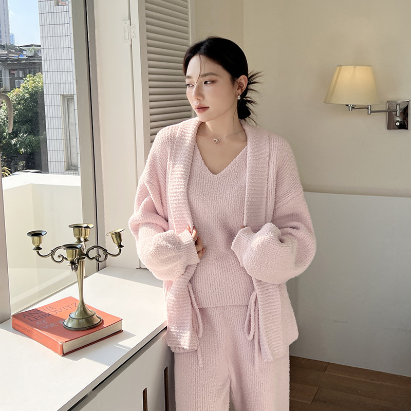 睡衣女秋冬条纹三件套软绵绵绑带背心针织可外穿气质名媛家居服|undefined