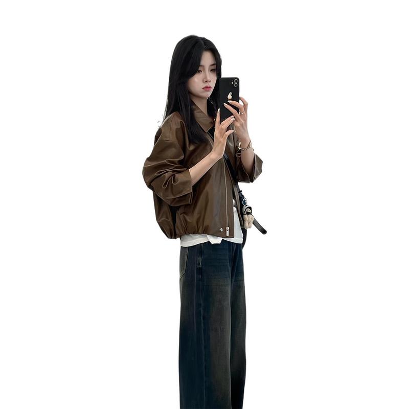 2025春の服とセットの大きいサイズの太ったmmの皮の服のコートのジーパンの復古のファッションのスーツの女性|undefined