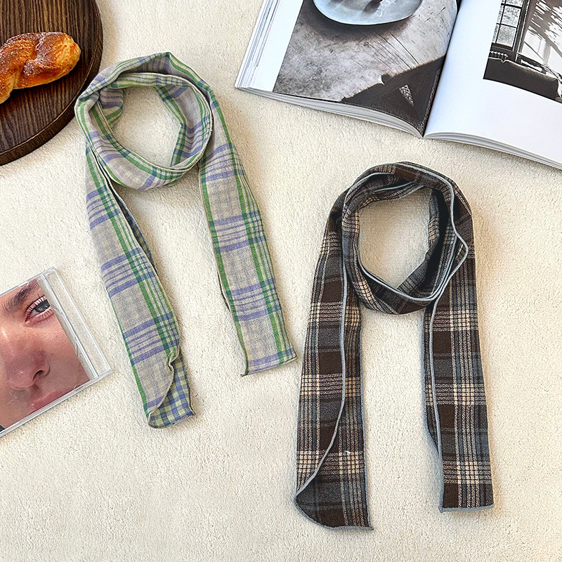 Pañuelo de seda largo, bufanda delgada y estrecha a cuadros retro de alta calidad, bufanda versátil, pañuelo en la cabeza, cinturón decorativo para el cabello