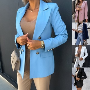 Amazon AliExpress European and American new double-breasted fashion solid color small suit coat women