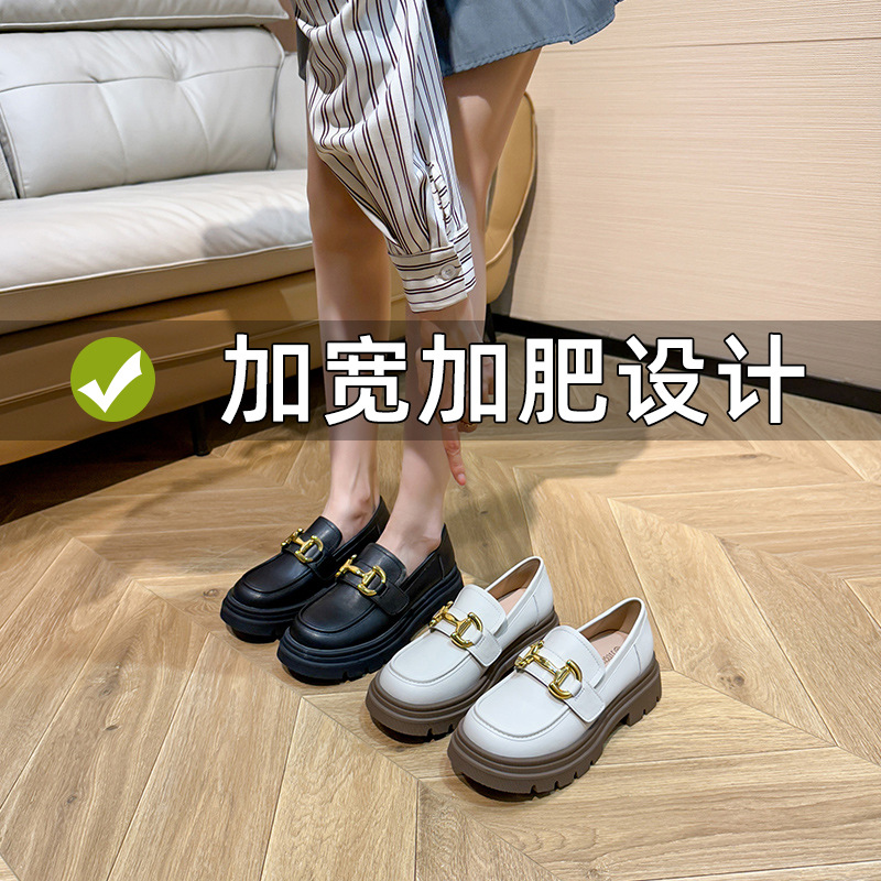 3568-7胖MM加肥加宽小皮鞋2024春季新款单鞋H扣乐福鞋