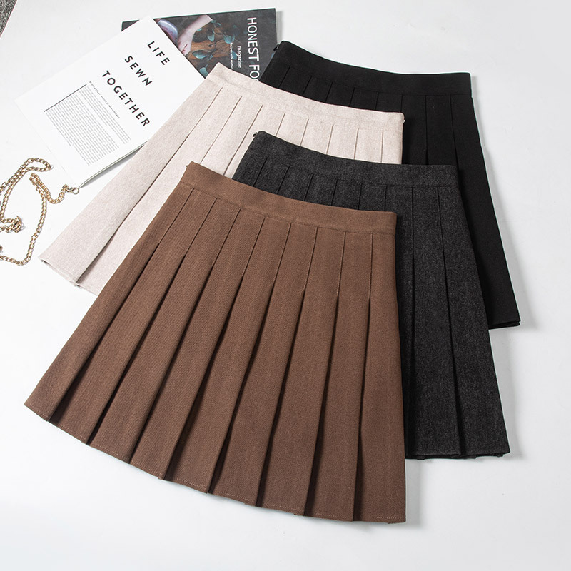 Woolen Skirt High Waist Brown Skirt Women's Winter Black Anti-glare Skirt A- line Skirt Slimming Pleated Skirt for Autumn and Winter
