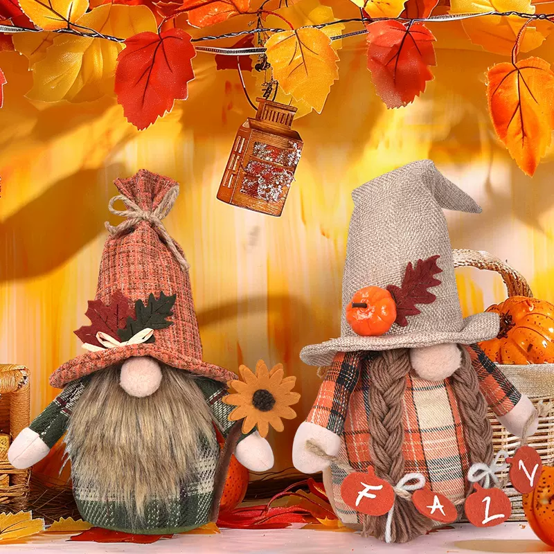 跨境丰收节鲁道夫感恩节装饰品枫叶南瓜侏无脸儒公仔橱窗摆件礼物