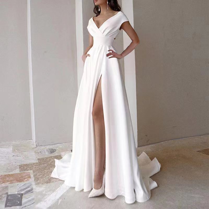 2025 Spring and Summer New Official Picture V Neck Ruffled White Mid-Waist Pure Color Elegant Commuter Long Skirt Dress