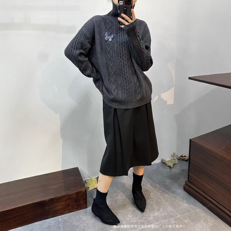 DIY Diamond-Shaped Cable Knit Sweater for Women, Solid Color Knitwear, Loose Fit, Turn-Down Collar, Autumn and Winter Vintage Style
