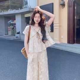 【新款女装夏装】补单款 蕾丝短袖+阔腿裤套装