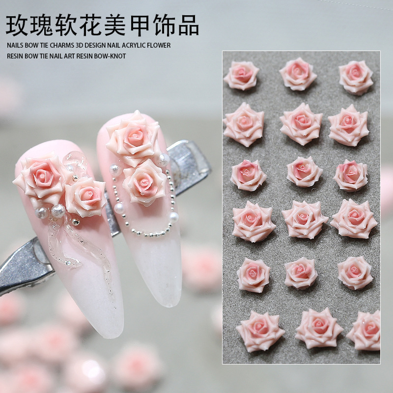 New simulation rose resin nail decoration pink camellia soft carved drill ins nail accessories I