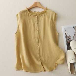 Real Shot of Reversible Fungus Collar Shirt for Women, New Summer Retro Sleeveless Shirt, Single-Breasted Cardigan Top