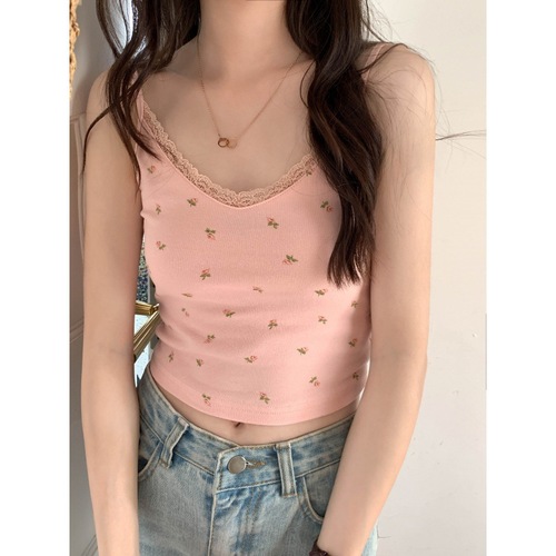 Pure Desire Style Shattered Flower Small Strap Women's Summer Fitted Short-Cut Nipple Edge Splicing V-Neck Versatile Hot Girl Backless Bra