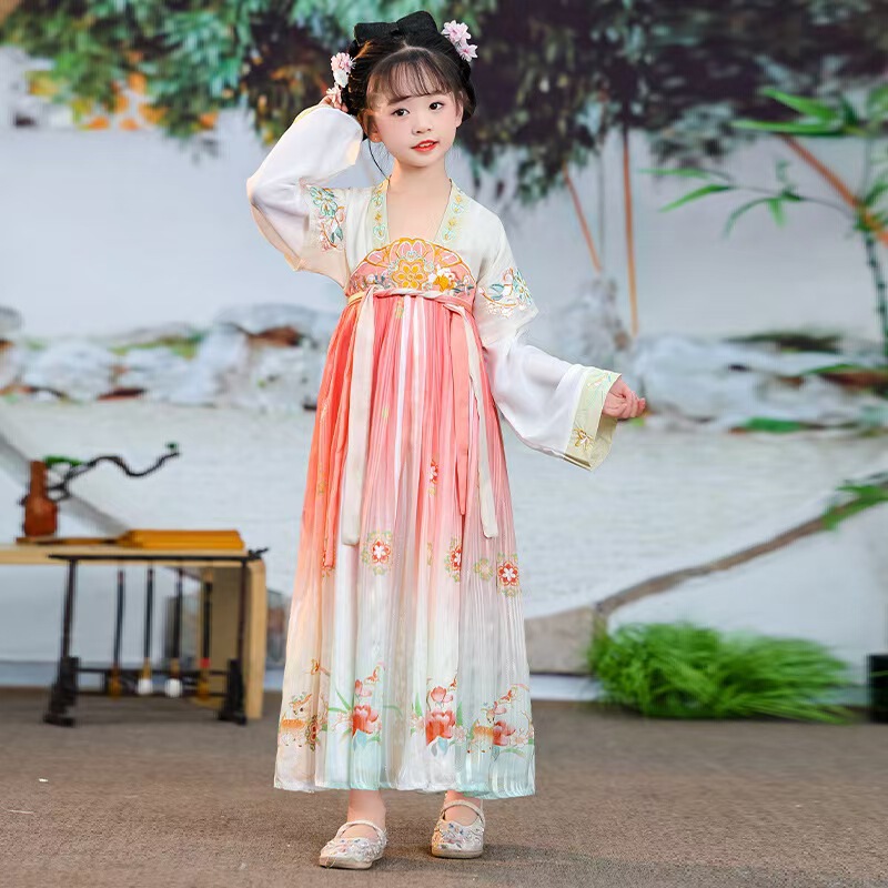 新中国式漢服子供春夏秋金2025新型長袖中国風漢服女の子儒教スカートワンピース|undefined