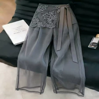 灰色假两件蕾丝拼接飘带薄款西装裤女2026年夏季流行新款阔腿裤子