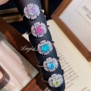 直播热卖八角千禧玫瑰切戒指高级感镶嵌高碳钻帕拉伊巴推方钻女戒