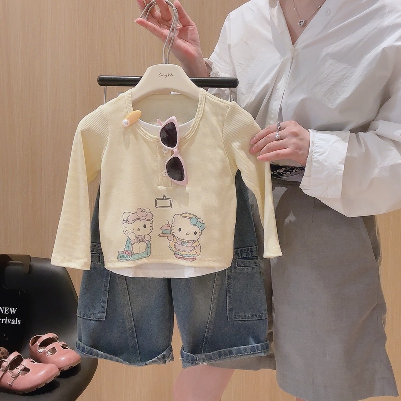 儿童假两件宝宝纯棉内衬打底衫人棉开门襟上衣女童春秋款长袖T恤|undefined