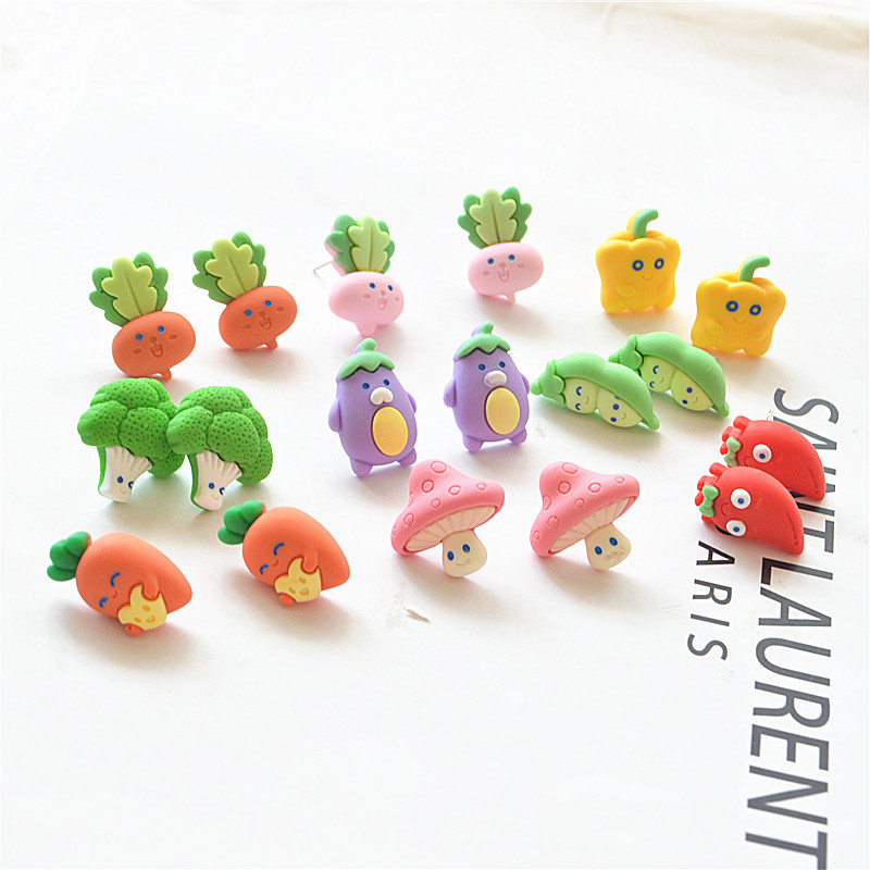 Korean Dongdaemun Cartoon Vegetable Earrings Sweet and Cute Girl Student DIY Resin Funny Vegetable Earrings for Women